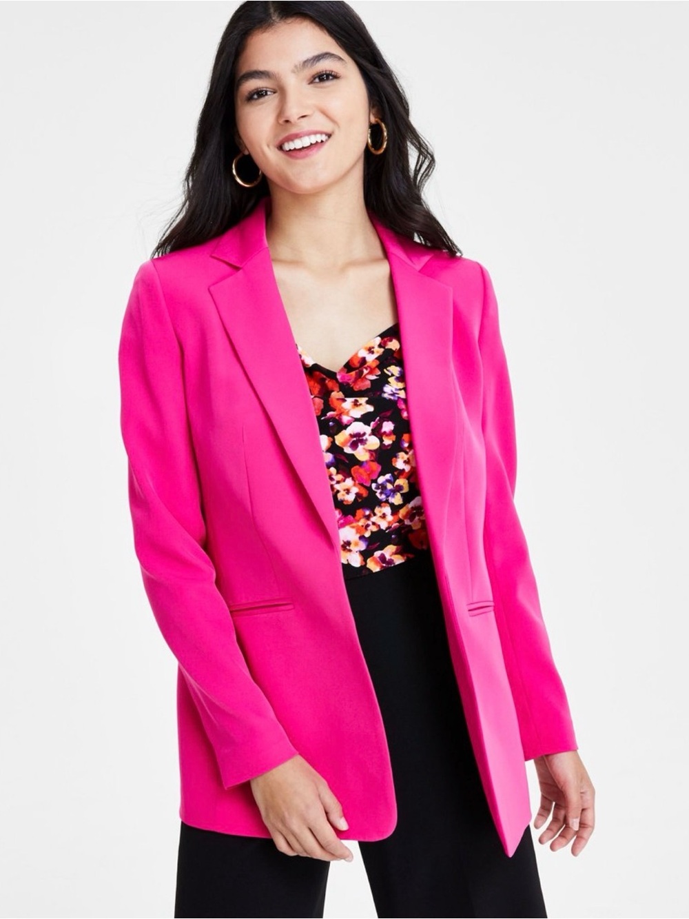 NWT $119 Bar III Hot Pink Fuchsia Notched Collar Open Front Blazer Medium